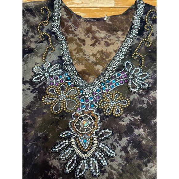 Sheer Gray Beaded Tunic Size M India Boho Rhinestone Resortwear Festival Top - Picture 11 of 15